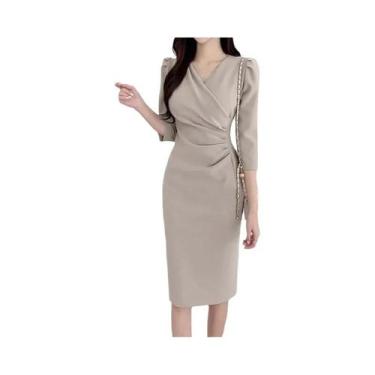 Imagem de Vestido Feminino Elegante Com Decote Em V E Manga 3/4, Vestido Justo A