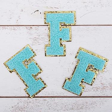 Imagem de Pacote com 3 adesivos de chenille ferro sobre purpurina, letra "F" - Tecido de chenille azul com acabamento dourado - Costurar ou passar - 5,5 cm de altura
