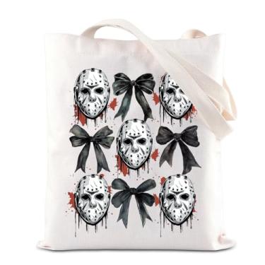 Imagem de ENSIANTH Presente inspirado no filme de terror Jason Fans Gift Slasher Mask Tote Bag Filmes assustadores reutilizável bolsa de mão presente de festa de Halloween, Bolsa com laço de máscara, Large