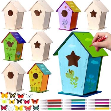 Imagem de Outus 12 kits de artesanato de madeira para casa de passarinho para construir, 4 formas de casa de pássaros de madeira inacabada com caneta aquarela e adesivo de borboleta para meninos e meninas, kits