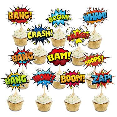Imagem de Topos de cupcake SuperHero Boom Pacote com 48 unidades de decoração de bolo de feliz aniversário para crianças, tema de herói, artigos para festa de aniversário, celebração de eventos, chá de bebê