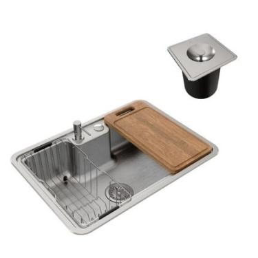 Imagem de Cuba de Embutir/Sobrepor Massima 68x48cm  Em Aço Inox Com Lixeira de Embutir 6L, Tábua de Madeira, Dosador de Sabão, Ces