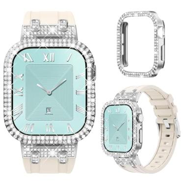 Imagem de NewWays Pulseira feminina de silicone para Apple Watch Série 10 Série 10 de 42 mm, design de luxo, diamantes brilhantes de 2 fileiras com adaptadores de metal para S10 iWatch