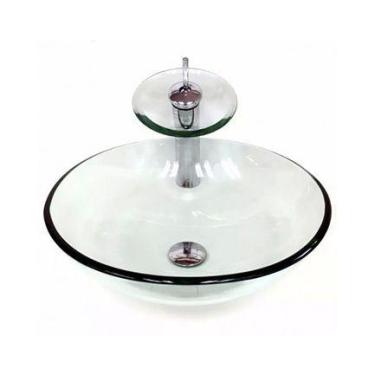 Imagem de Cuba de vidro redonda 31cm incolor + valvula + torneira cascata - Cuba