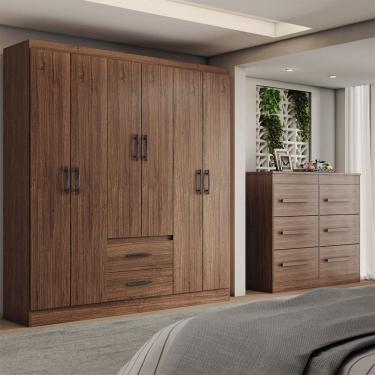Imagem de Guarda-Roupa Solteiro Europa 6 Portas 2 Gavetas e Cômoda 6 Gavetas Castanho - Panorama Móveis
