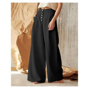 Imagem de Calças casuais de algodão e linho de cintura alta para mulheres - Ligh