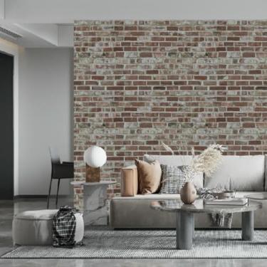 Imagem de ESSMOKO Papel de parede espesso tijolo padronizado PVC material impermeável fundo de hotel parede retro papel de parede 3D adesivo de parede estereoscópico vermelho e branco 44 * 1000 cm