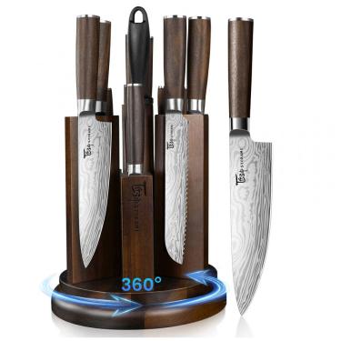 Imagem de Conjunto de Facas de Cozinha SYOKAMI 14 Peças com Bloco Magnético 360° Rotativo e Afiador