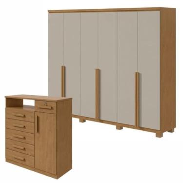 Imagem de Conjunto de Guarda-roupa Alonzo com pés e Cômoda Da Vinci com Nicho Amêndoa Clean/off White