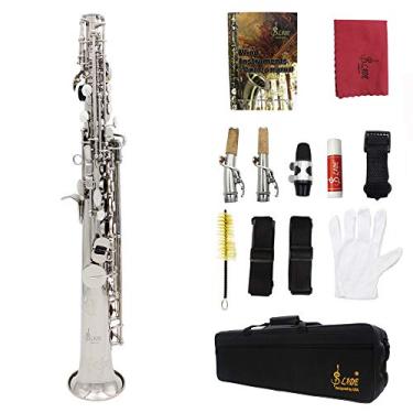 Imagem de Saxofone soprano tubo reto lacado dourado kit completo concha branca B corpo de latão plano conjunto SAX para amantes de música, apresentações, adultos (prata)