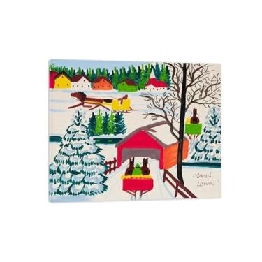 Imagem de Maud Lewis Poster-Famous Canvas Prints Reprodution-Artwork Picture Wall Art para decoração moderna de sala de estar (ponte coberta no inverno) tela emoldurada 80x95cm-31x37in