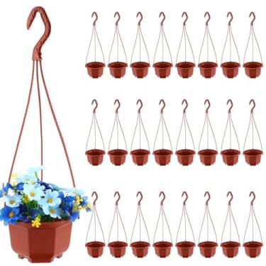 Imagem de Roshtia 24 peças de vaso de plástico para pendurar com gancho, vasos de flores, cestos, suporte para berçário para jardim de plantas internas ao ar livre (marrom, 12 cm)