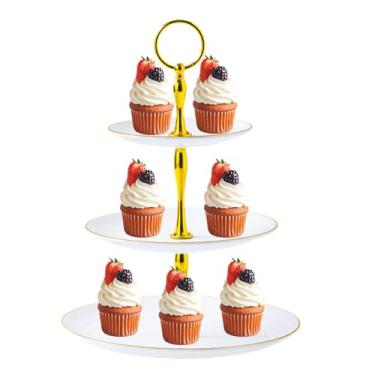 Imagem de hhdatc Suporte de cupcake de plástico de 3 camadas com haste de metal, torre de sobremesa, bandeja em camadas para festas de aniversário, chás de bebê, decoração de artigos de festa