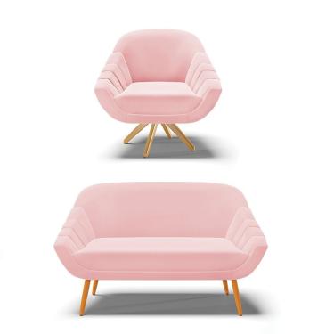 Imagem de Kit 01 Namoradeira 02 Lugares E 01 Poltrona Giovana Suede Rosa Bebê