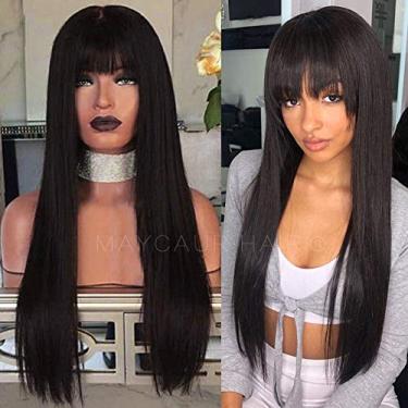 Imagem de Maycaur Perucas de cabelo sintético preto com franja completa, peruca feminina longa e lisa, resistente ao calor, peruca sintética sem renda para mulheres modernas