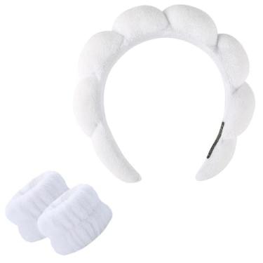 Imagem de Faixa de cabeça de spa para lavar o rosto, esponja, maquiagem, cuidados com a pele, faixa de cabelo felpuda macia para mulheres, meninas, acolchoada, antiderrapante, acessório de cabelo grosso (branca