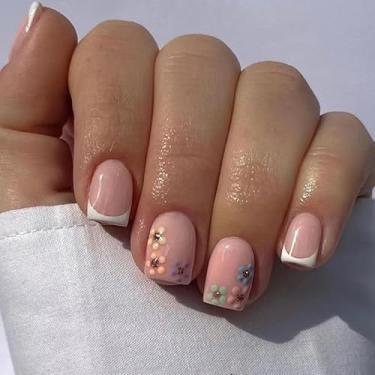 Imagem de Kit de unhas de pressão brancas francesas curtas quadradas com glitter com design de flores coloridas cola em unhas para mulheres unhas postiças de acrílico para unhas postiças presas em unhas para