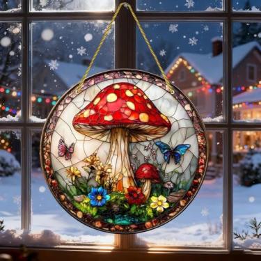 Imagem de Disco redondo para pendurar na parede, janela acrílica, apanhador de sol, enfeite de cor decorativa, sala de estar, quarto, jardim, varanda, 20 x 20 cm, cogumelo de cor mista 1