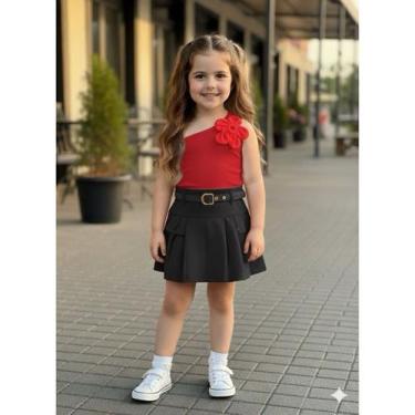 Imagem de Short Saia Infantil Plissado Vermelho Cinto + Blusa Branca Ombro Único