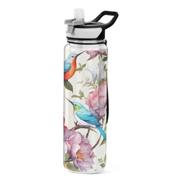 Imagem de Burbuja Garrafa de água Flowers Birds de 946 ml com tampa de palha, à prova de vazamento e livre de BPA para academia, esportes ao ar livre