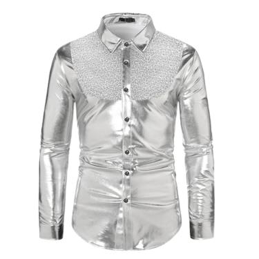 Imagem de Camisa masculina de lazer slim fit couro lantejoulas mangas compridas cor sólida botões frontais, Prata, M