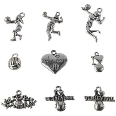 Imagem de Uniquer Pingentes de bola esportiva, 45 peças, 9 estilos, retrô, pingentes de vôlei, série I Love Volleyball com pingente de liga para fazer joias, brincos, colar, pulseira, acessórios de artesanato,
