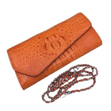 Imagem de Bolsa feminina de couro jacaré genuíno com corrente de aba feminina de couro de crocodilo bolsa de ombro única feminina, Laranja, 26cm(Length) x 12cm(Height) x 3cm(Deep)