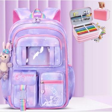 Imagem de Kit Mochila Escolar Infantil Grande Capacidade Mais Estojo Escolar Grande Com 4 Compartimento rosa