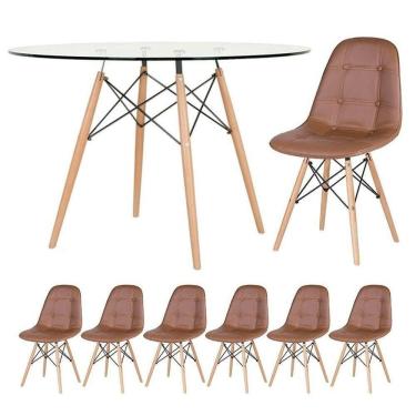 Imagem de Mesa Eames Com Tampo De Vidro 120 Cm + 6 Cadeiras Estofadas Eiffel Botonê Marrom Marrom