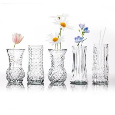 Imagem de Yabool Vaso de vidro cilíndrico transparente, estilo vintage, centro de mesa de casamento (transparente, 5 peças)
