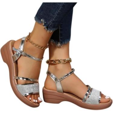 Imagem de Sandálias Para Mulheres Sandálias De Plataforma De Prata Dourada Mulheresverão Sandálias De Salto Grosso Cunhas Sandálias Mulher Tira De Tornozelo Gladiador, Silver, 40 EU