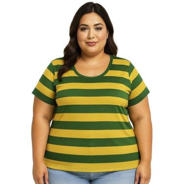 Imagem de Camiseta Torcedora Brasil Listrada Verde Amarela Tamanho Plus Size