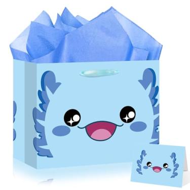 Imagem de Saco de presente axolotl azul grande axolote sacos de aniversário com alças de papel de seda axolotls cartão de felicitações sacos de papel de embrulho azul para crianças, meninos, meninas, chá de