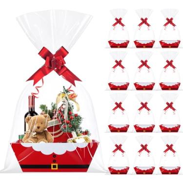 Imagem de Conjunto de 12 cestas de presente de Natal, 38 peças, a granel com sacos de celofane e fitas de laços, caixa de presente de papelão de Natal vazia vermelha e branca para decorações de Natal, férias