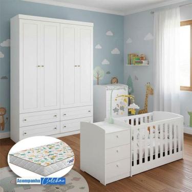 Imagem de Berço Multifuncional Atlanta E Guarda Roupa Americano 4 Portas Henn Ambiente Branco Fosco Com Colchão Gazin - Reller