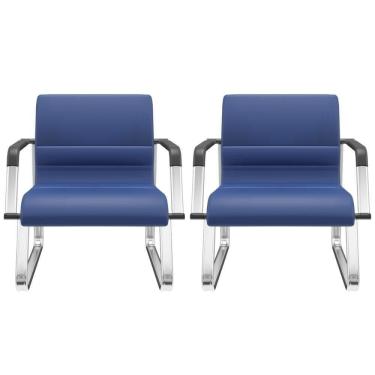 Imagem de Kit 02 Cadeiras De Escritório Recepção Fixa Pés Cromado Lev P03 Vinil Azul - Lyam Decor