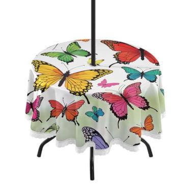 Imagem de Qilmy Toalha de mesa redonda à prova d'água de borboletas coloridas de 152 cm com orifício para guarda-chuva e zíper – uso externo / interno resistente para pátio, churrascos, piqueniques, festas