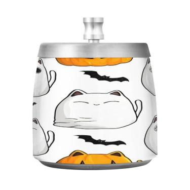 Imagem de Qilmy Cinzeiro Ghost Cats de aço inoxidável com tampa – Cinzeiro de cigarro à prova de vento sem cheiro sem fumaça para casa, escritório, carro, pátio, varanda (uso interno e externo)