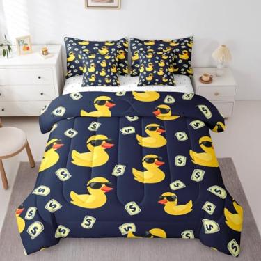 Imagem de Erosebridal Jogo de cama com estampa de pato de borracha, pato amarelo, 7 peças, estampa de dólar americano, conjunto de lençol com edredom azul marinho, para mulheres, homens e adultos