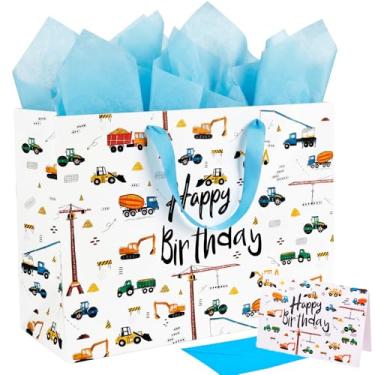 Imagem de GFInYHM Saco extra grande de presente de feliz aniversário de 41 cm com papel de seda e cartões comemorativos, sacos de papel para veículos de construção com alças