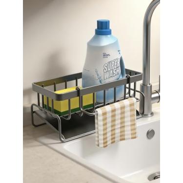 Imagem de Organizador de pia de cozinha com suporte de pano de louça, suporte de esponja autodrenante para pia, organizador de dispensador de sabão de bancada de aço carbono, decoração e acessórios, cinza