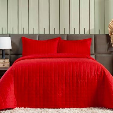 Imagem de Kit Colcha Bouti Cobre Leito Casal Tecido Estampado Dupla Face 03 Peças - Fronhas Aba Americana - Matelado (2,10m x 2,40m) (VERMELHO COB02)