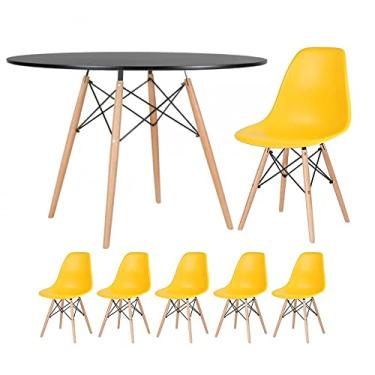 Imagem de Loft7, Kit - Mesa redonda Eames 120 cm preto + 5 cadeiras Eiffel Dsw Amarelo