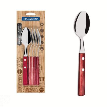 Imagem de Conjunto de Colheres de Mesa Tramontina com Lâminas em Aço Inox e Cabos em Madeira Polywood Vermelho 6 Peças Tramontina