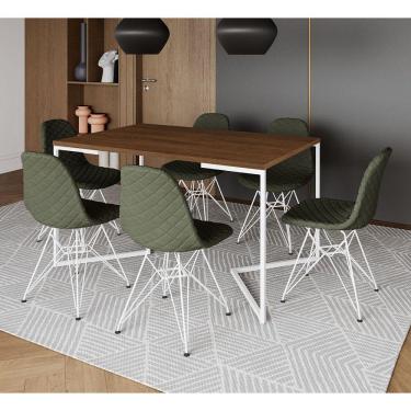 Imagem de Mesa Jantar Industrial Amêndoa Base V 137x90cm 6 Cadeiras Estofadas Eames Verdes Aço Branco 
