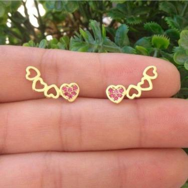 Imagem de Brinco Corações Cravejado Banhado A Ouro
