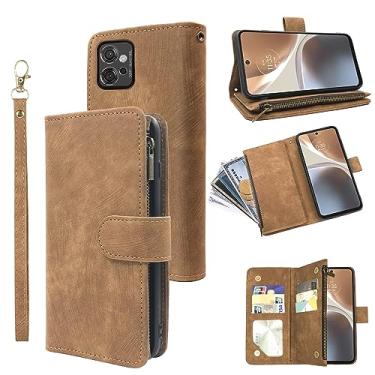 Imagem de Compatível com carteira para Moto G32 com alça de pulso e couro vintage premium com suporte para cartão de crédito, acessórios para celular, capa de celular para MotorolaG32, mulheres, homens, marrom