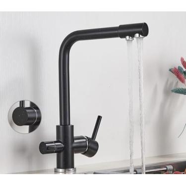 Imagem de Filtro de níquel escovado torneira da cozinha água potável torneira da cozinha deck montado alças duplas misturador de água fria de 3 vias, preto com ponto