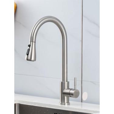 Imagem de Torneiras de cozinha Níquel escovado Pull Out Pia de cozinha Torneira de água Deck Montado Mixer Stream Pulverizador Cabeça Torneiras frias Preto Chrome, Níquel escovado