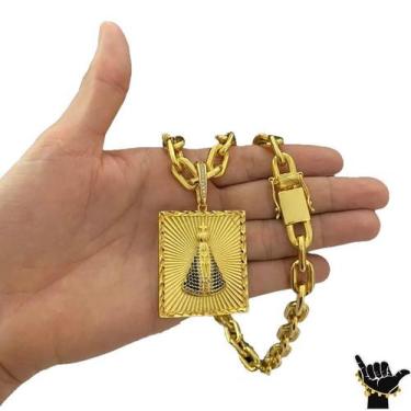 Imagem de Corrente Cadeado 14mm + Pingente Nossa Senhora - Banhado a Ouro - Tojo